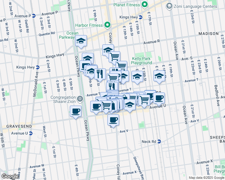 map of restaurants, bars, coffee shops, grocery stores, and more near 910 Avenue T in Brooklyn