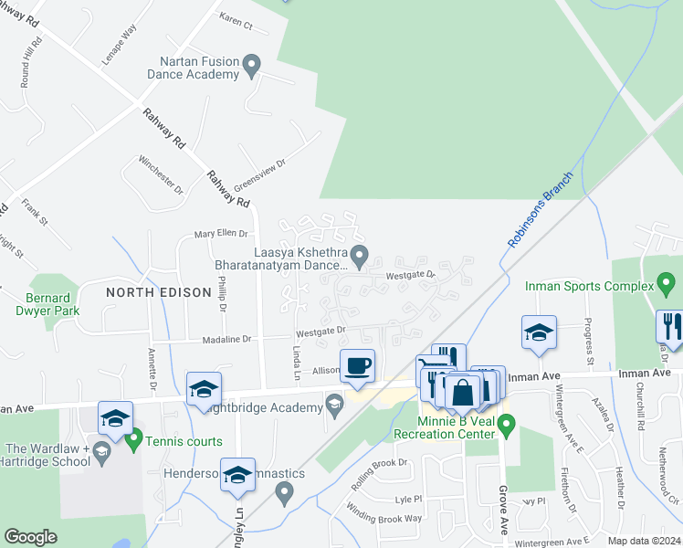 map of restaurants, bars, coffee shops, grocery stores, and more near 480 Westgate Drive in Edison