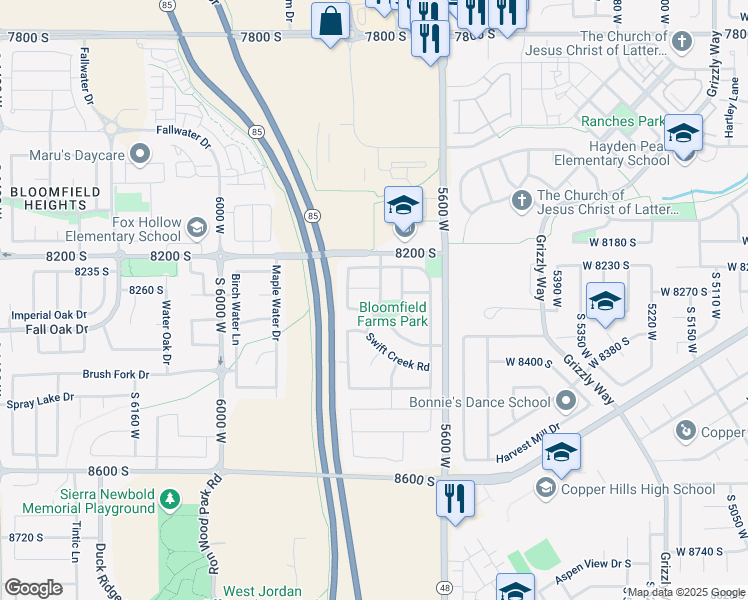 map of restaurants, bars, coffee shops, grocery stores, and more near 8298 Sky Meadow Drive in West Jordan