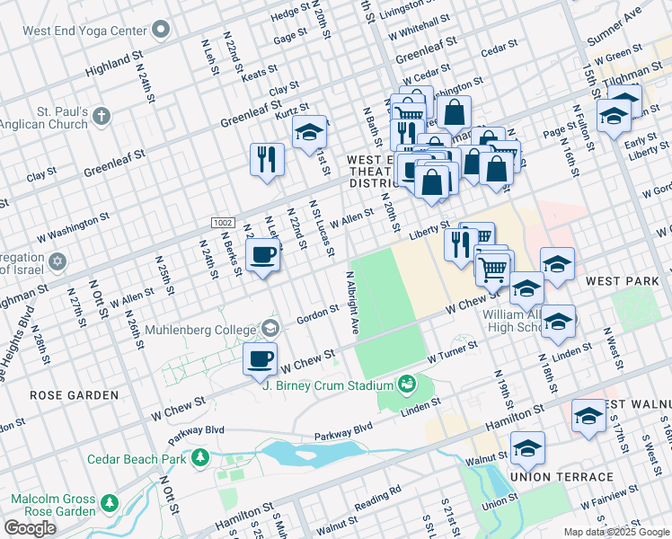 map of restaurants, bars, coffee shops, grocery stores, and more near 2128 Liberty Street in Allentown