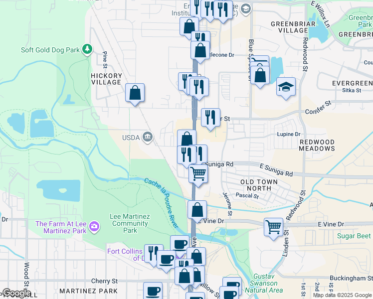 map of restaurants, bars, coffee shops, grocery stores, and more near 1020 North Mason Street in Fort Collins