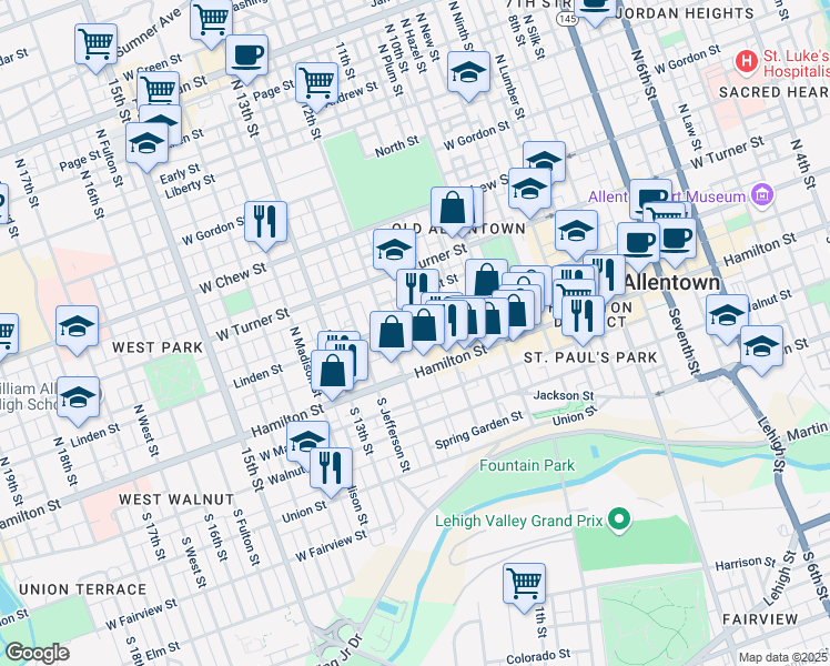 map of restaurants, bars, coffee shops, grocery stores, and more near 1127 Edison Street in Allentown