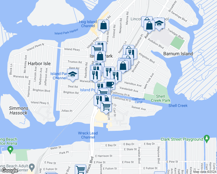 map of restaurants, bars, coffee shops, grocery stores, and more near 4588 Austin Boulevard in Island Park