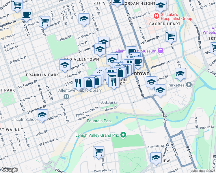 map of restaurants, bars, coffee shops, grocery stores, and more near 26 South 9th Street in Allentown