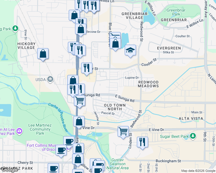 map of restaurants, bars, coffee shops, grocery stores, and more near 1021 Blue Spruce Drive in Fort Collins