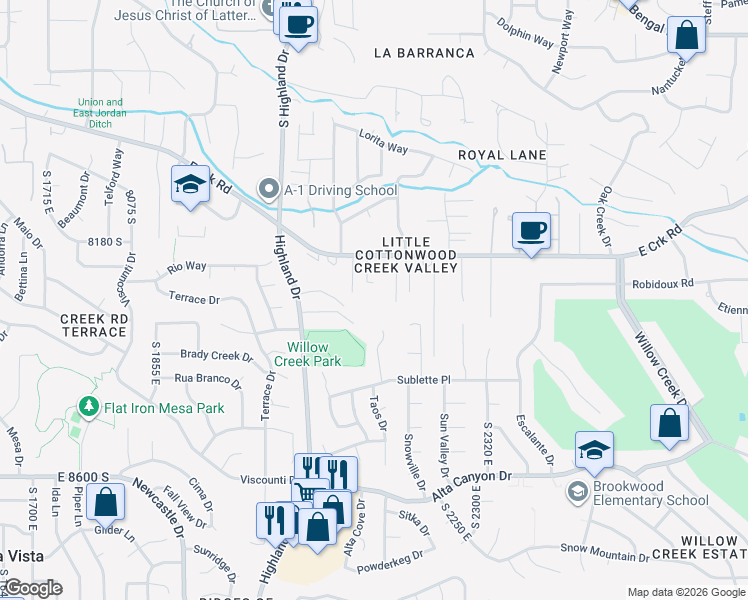 map of restaurants, bars, coffee shops, grocery stores, and more near 2131 Oak Haven Place in Sandy