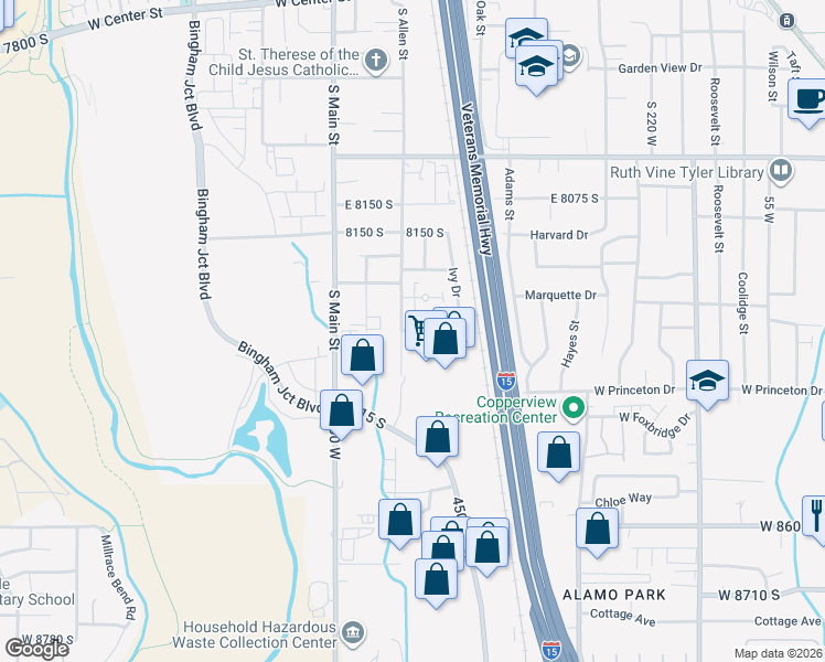 map of restaurants, bars, coffee shops, grocery stores, and more near 591 Tiffany Town Drive in Midvale