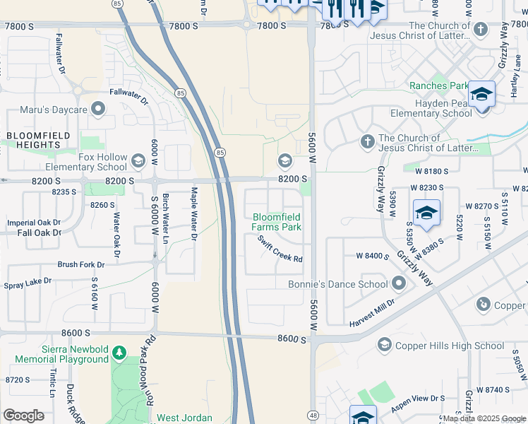 map of restaurants, bars, coffee shops, grocery stores, and more near 8298 Sky Meadow Drive in West Jordan