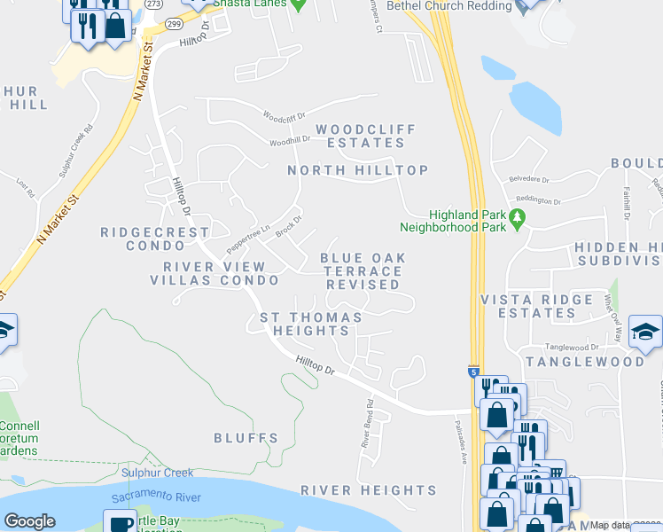 map of restaurants, bars, coffee shops, grocery stores, and more near 635 Alamine Drive in Redding