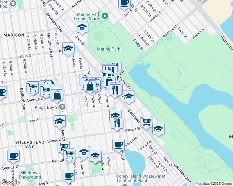 map of restaurants, bars, coffee shops, grocery stores, and more near 2269 Gerritsen Avenue in Brooklyn
