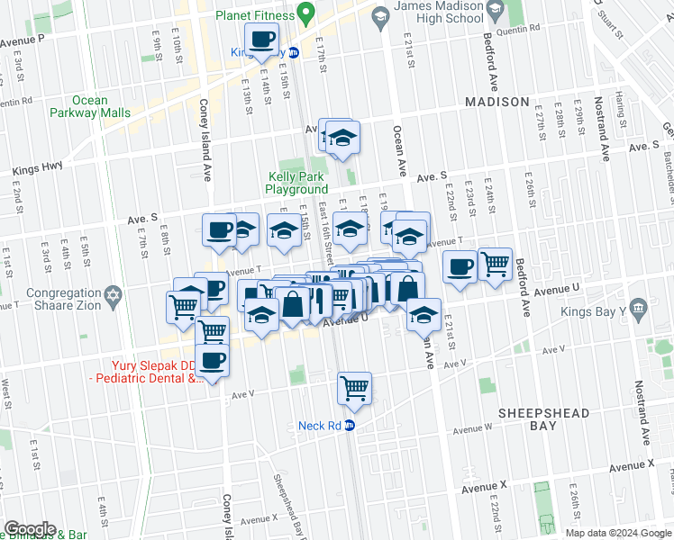 map of restaurants, bars, coffee shops, grocery stores, and more near 2026 East 16th Street in Brooklyn