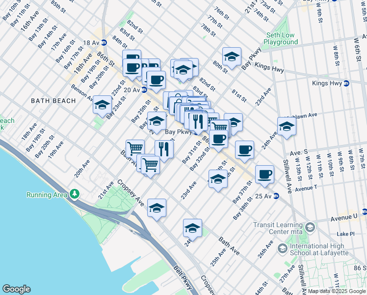map of restaurants, bars, coffee shops, grocery stores, and more near 8665 Bay Parkway in Brooklyn