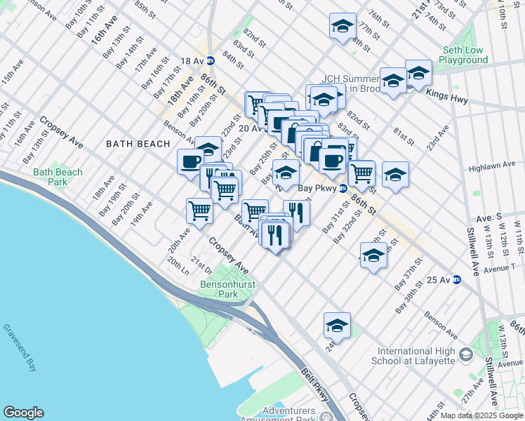 map of restaurants, bars, coffee shops, grocery stores, and more near 120 Bay 28th Street in Brooklyn