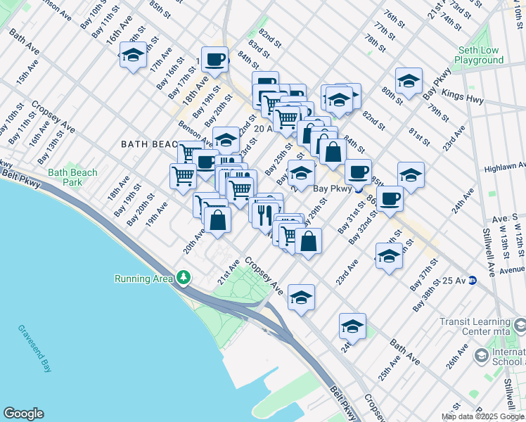 map of restaurants, bars, coffee shops, grocery stores, and more near 2061 Bath Avenue in Brooklyn