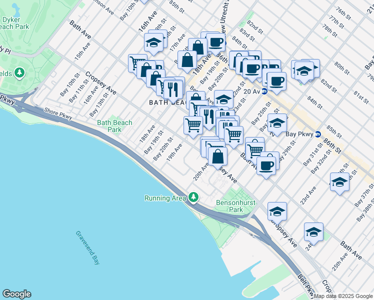 map of restaurants, bars, coffee shops, grocery stores, and more near 260 Bay 22nd Street in Brooklyn