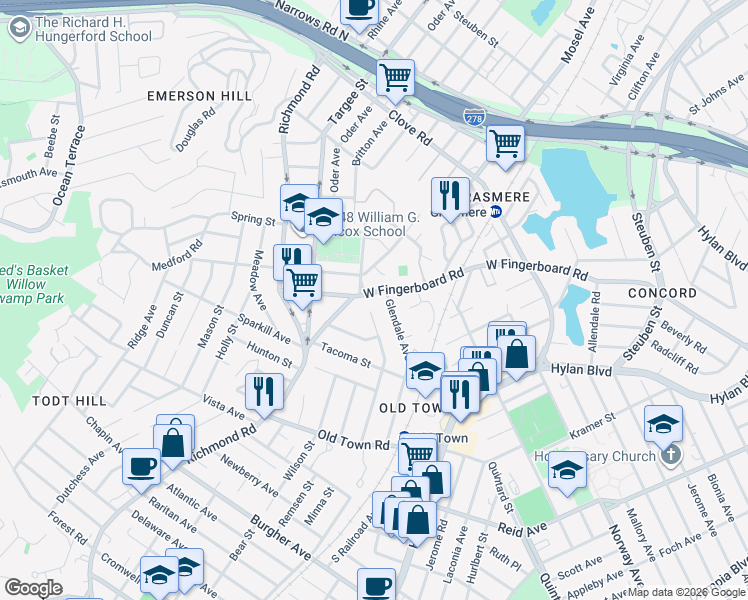 map of restaurants, bars, coffee shops, grocery stores, and more near 1026 West Fingerboard Road in Staten Island