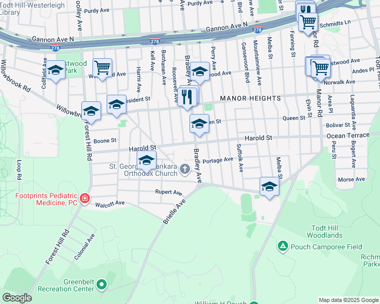 map of restaurants, bars, coffee shops, grocery stores, and more near 438 Bradley Avenue in Staten Island