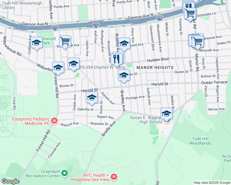 map of restaurants, bars, coffee shops, grocery stores, and more near 438 Bradley Avenue in Staten Island