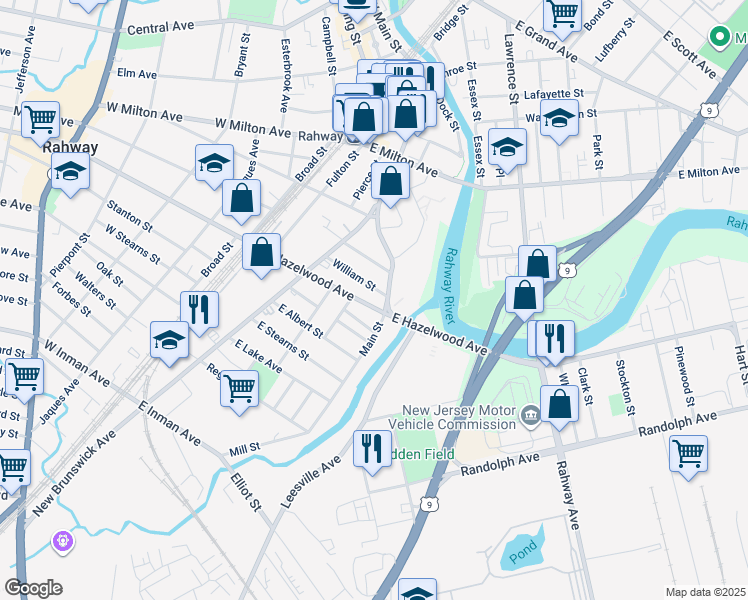 map of restaurants, bars, coffee shops, grocery stores, and more near 1118 Main Street in Rahway