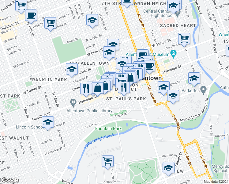 map of restaurants, bars, coffee shops, grocery stores, and more near 26 South 9th Street in Allentown