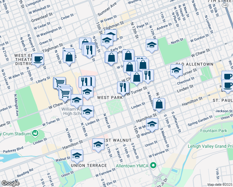 map of restaurants, bars, coffee shops, grocery stores, and more near 213 North Fulton Street in Allentown