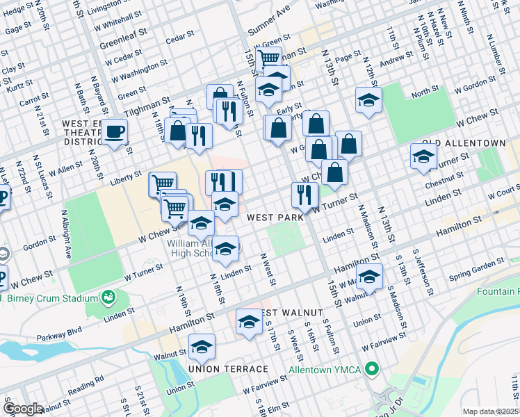 map of restaurants, bars, coffee shops, grocery stores, and more near 222 North 16th Street in Allentown