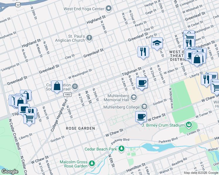 map of restaurants, bars, coffee shops, grocery stores, and more near 605 North 25th Street in Allentown