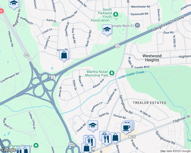 map of restaurants, bars, coffee shops, grocery stores, and more near 1032 North Whitman Street in Allentown