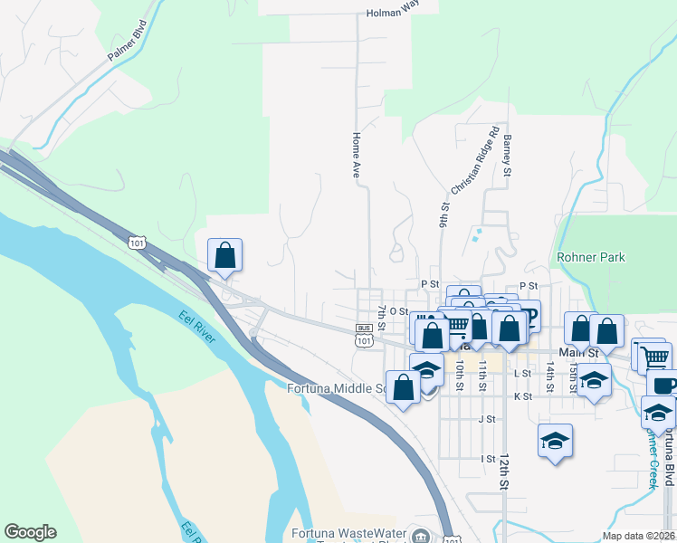 map of restaurants, bars, coffee shops, grocery stores, and more near 510 P Street in Fortuna