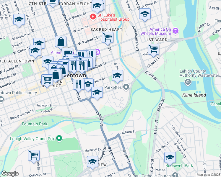 map of restaurants, bars, coffee shops, grocery stores, and more near South Penn Street in Allentown