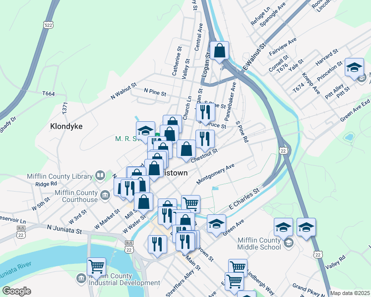 map of restaurants, bars, coffee shops, grocery stores, and more near 29 Logan Street in Lewistown