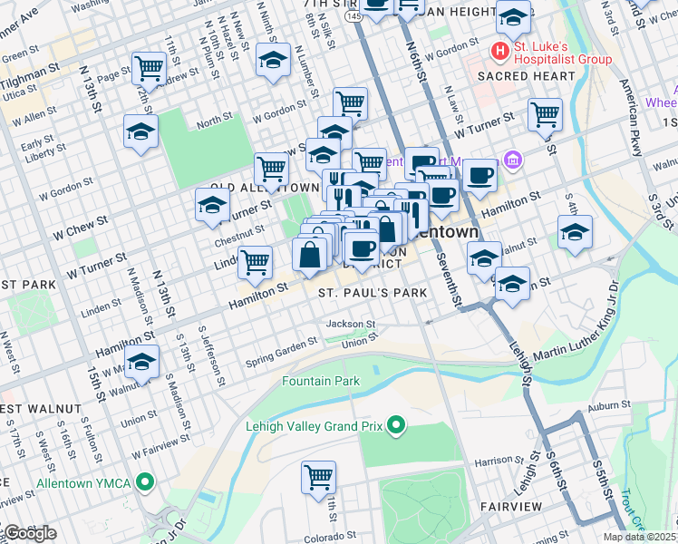 map of restaurants, bars, coffee shops, grocery stores, and more near 904 Hamilton Street in Allentown