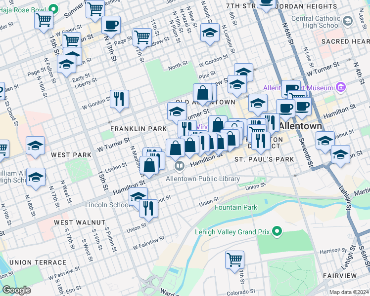 map of restaurants, bars, coffee shops, grocery stores, and more near 1129 Edison Street in Allentown