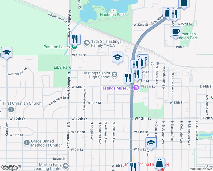 map of restaurants, bars, coffee shops, grocery stores, and more near 1100 West 14th Street in Hastings