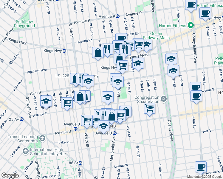 map of restaurants, bars, coffee shops, grocery stores, and more near 138 Lake Street in Brooklyn