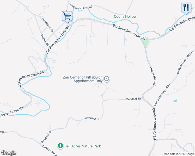 map of restaurants, bars, coffee shops, grocery stores, and more near 130 Willow Ridge Road in Sewickley