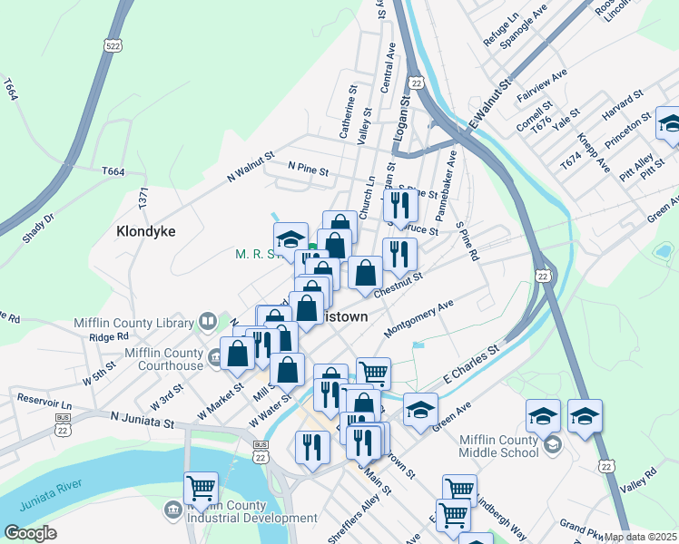 map of restaurants, bars, coffee shops, grocery stores, and more near 58 Valley Street in Lewistown
