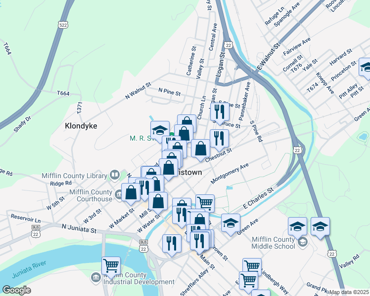 map of restaurants, bars, coffee shops, grocery stores, and more near 56 Valley Street in Lewistown