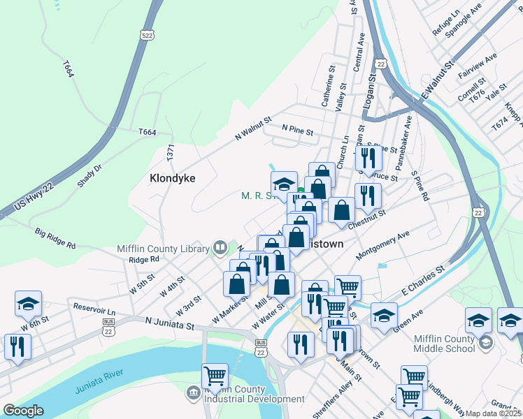 map of restaurants, bars, coffee shops, grocery stores, and more near 107 Academy Hill in Lewistown