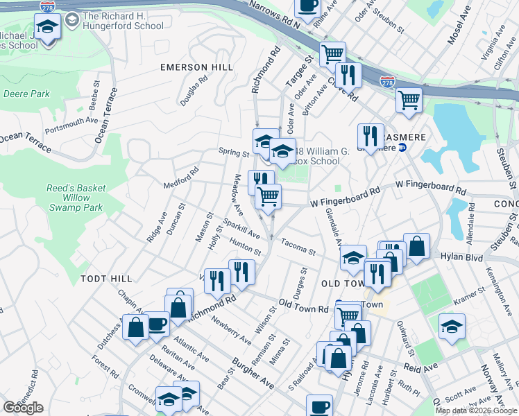 map of restaurants, bars, coffee shops, grocery stores, and more near 12 Columbus Avenue in Staten Island