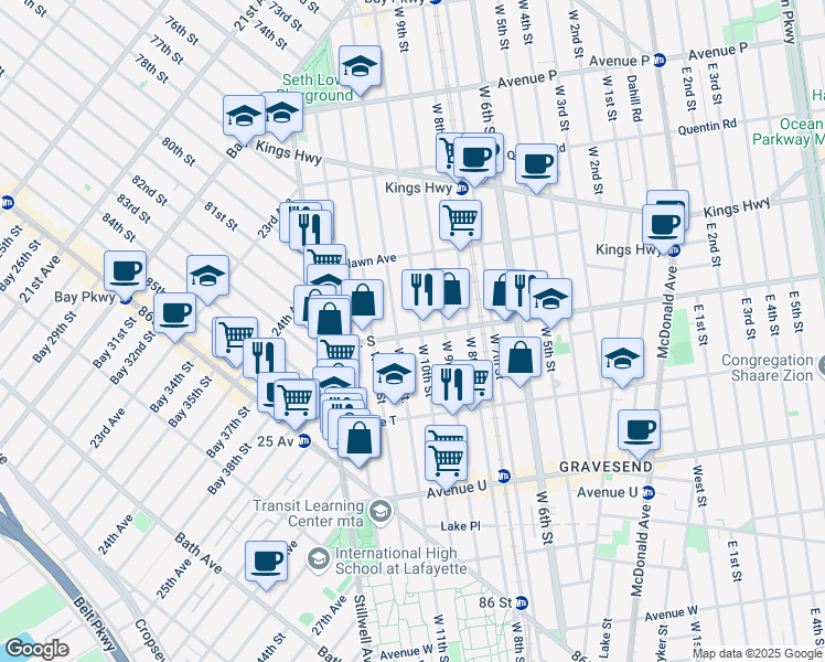 map of restaurants, bars, coffee shops, grocery stores, and more near 87 Avenue S in Brooklyn