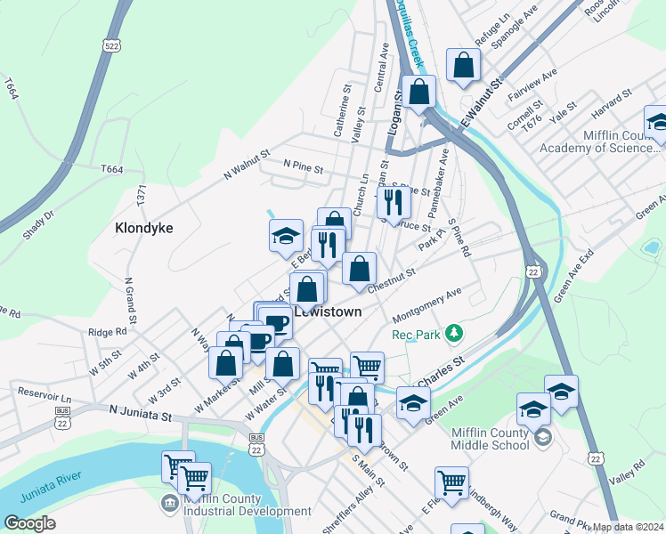 map of restaurants, bars, coffee shops, grocery stores, and more near 58 Valley Street in Lewistown