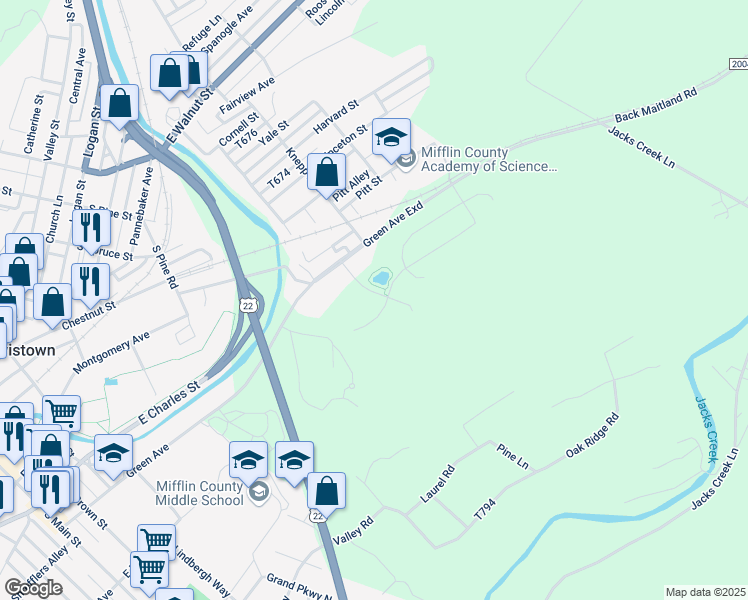 map of restaurants, bars, coffee shops, grocery stores, and more near 61 Geisinger Lane in Lewistown