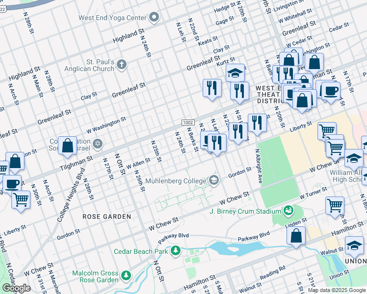 map of restaurants, bars, coffee shops, grocery stores, and more near 2367 West Allen Street in Allentown