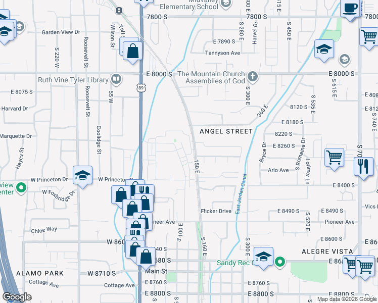 map of restaurants, bars, coffee shops, grocery stores, and more near 8278 South Resaca Drive in Sandy
