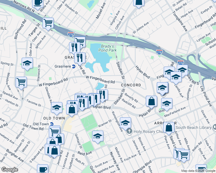 map of restaurants, bars, coffee shops, grocery stores, and more near 176 Allendale Road in Staten Island