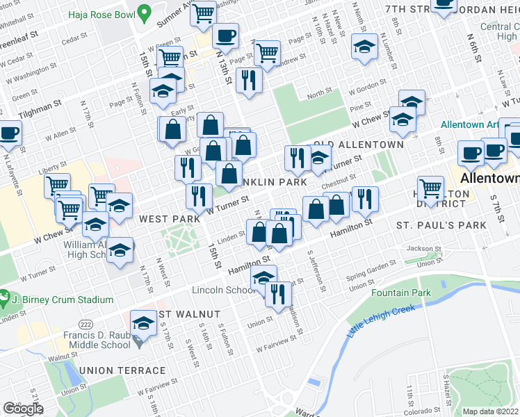 map of restaurants, bars, coffee shops, grocery stores, and more near 127 North Madison Street in Allentown