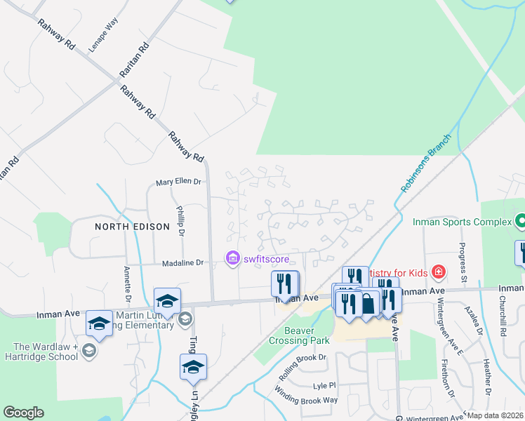map of restaurants, bars, coffee shops, grocery stores, and more near 195 Linda Lane in Edison