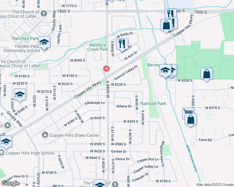 map of restaurants, bars, coffee shops, grocery stores, and more near 4732 Helenic Lane in West Jordan