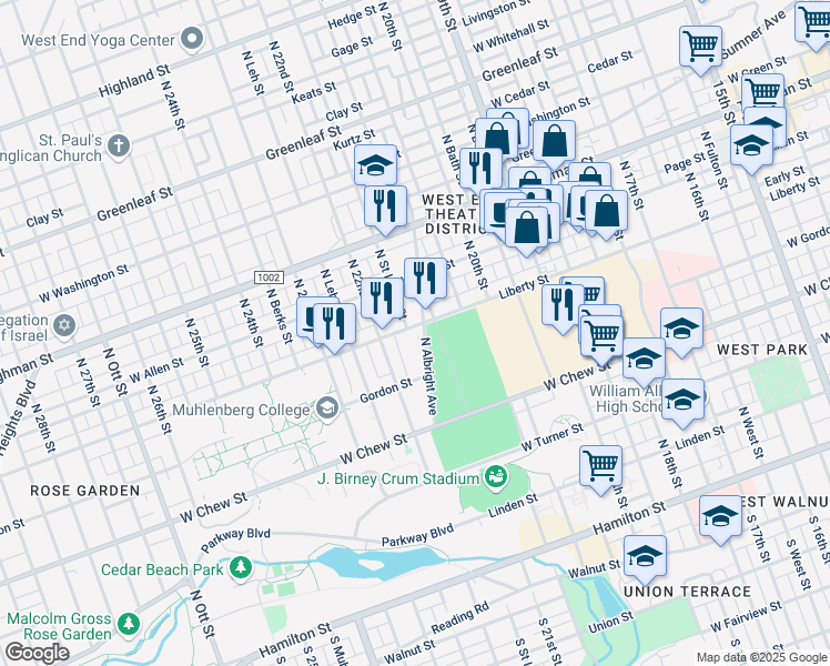 map of restaurants, bars, coffee shops, grocery stores, and more near 2122 Liberty Street in Allentown